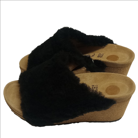 🆕 BIRKENSTOCK PAPILLIO "NAMICA" BLACK TEDDY SHEARLING WOOL OPEN TOE WEDGE MULES - Picture 6 of 16